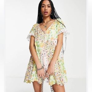 NWOT NEW Free People Wildflower Patchwork Mini Dress Ivory White Floral Beach S